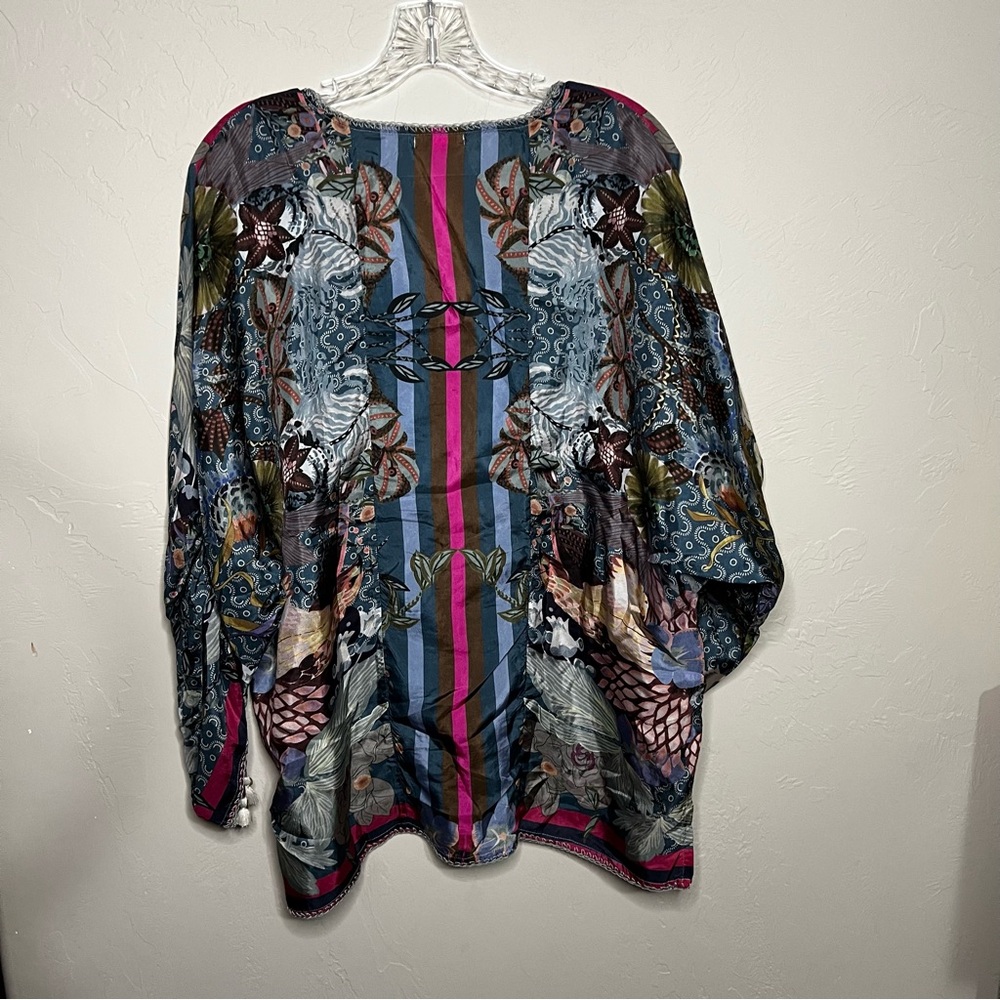 Johnny Was‎ Aran Georgia 100% Silk Floral Boho Ruched  Sleeves Tassel Trim Top - Picture 14 of 14